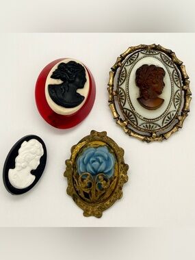 Vintage Estate lot Bakelite Lucite Celluloid Cameo Brooch Black White Cherry Red